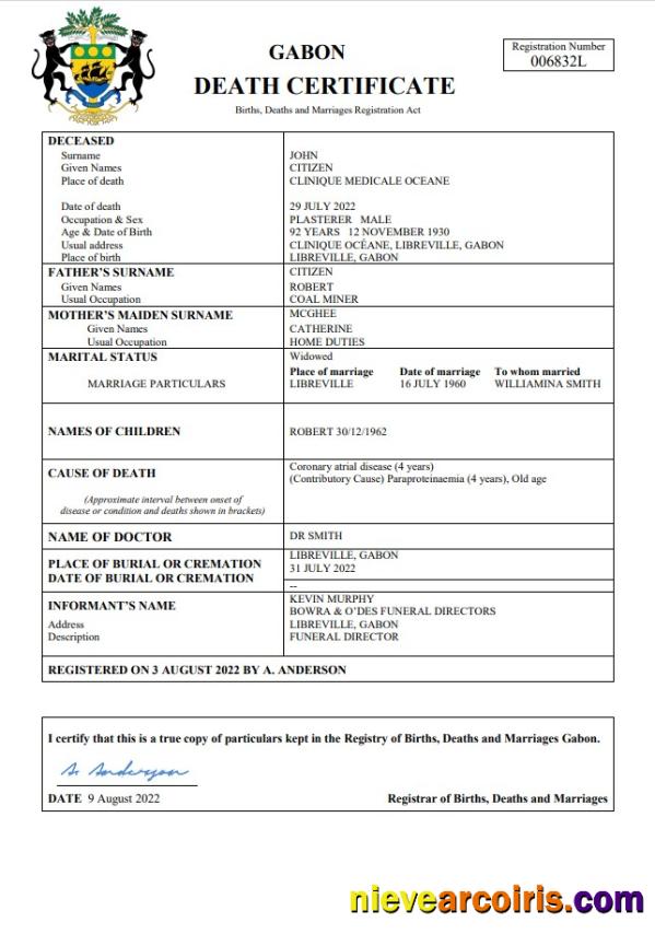 Gabon death certificate